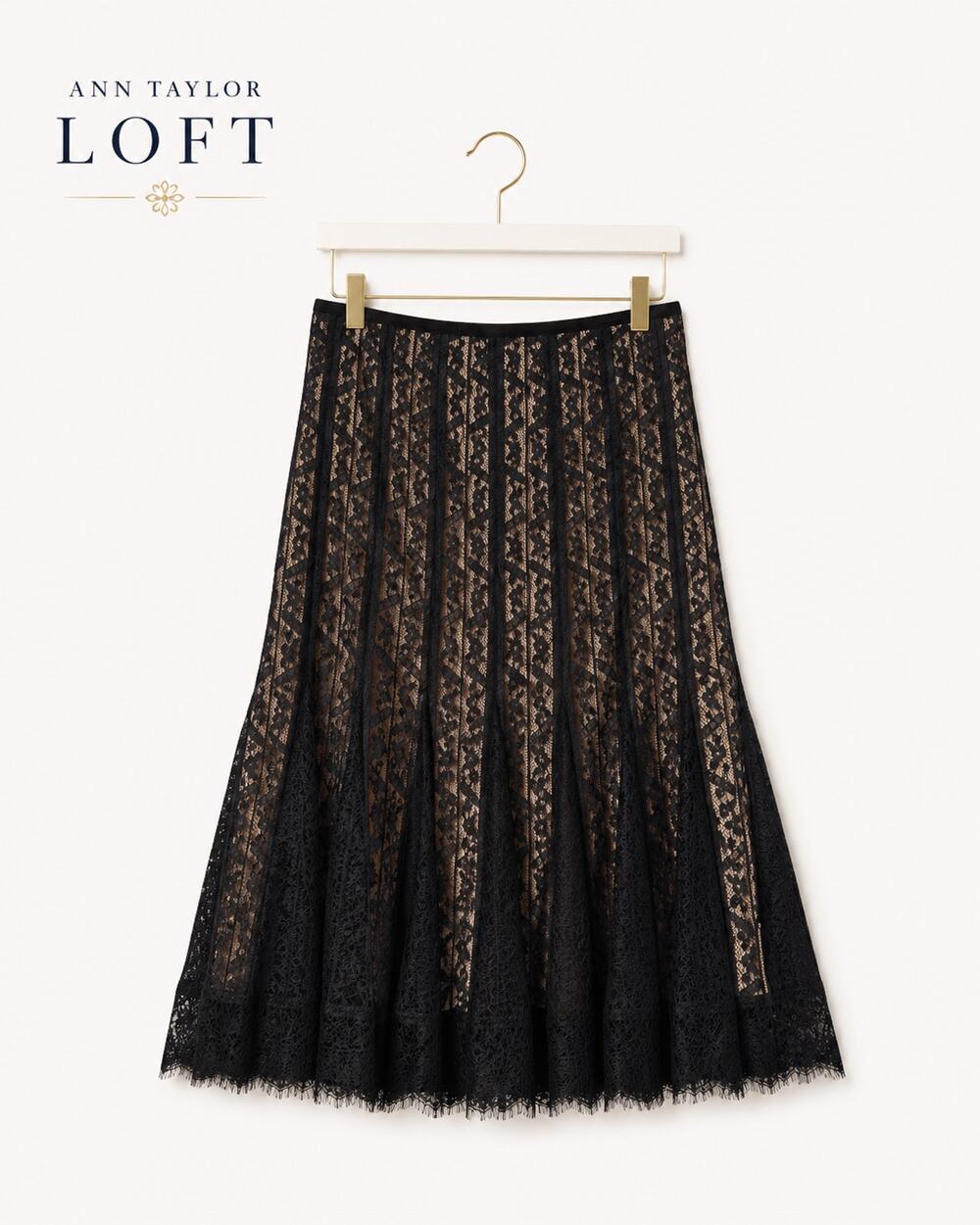 Ann Taylor LOFT Black Lace Godet Midi Skirt Beige Lined Size 10